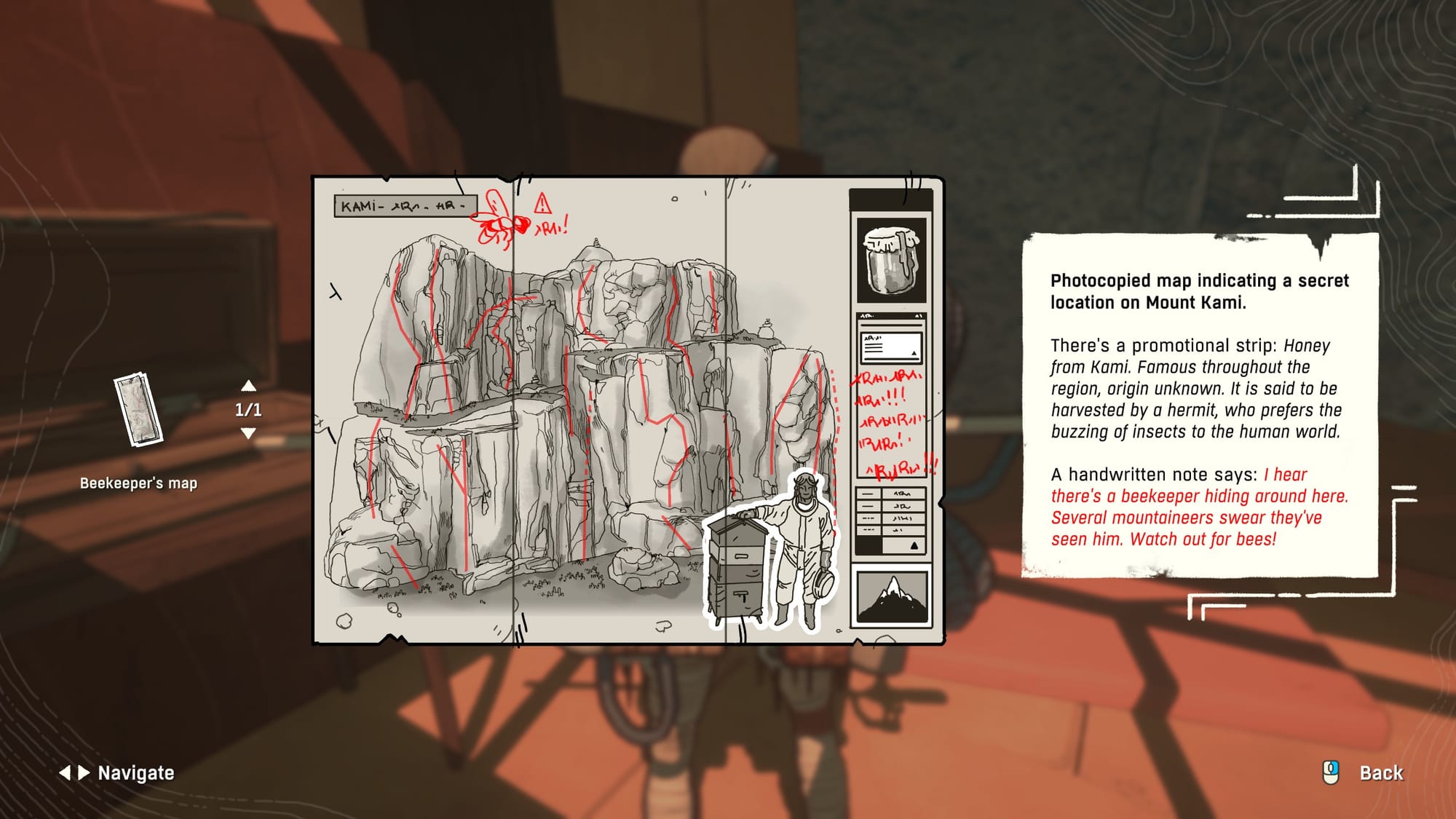 A screenshot from the game, showing a handrawn map with annotation 'Photocopied map indicating a secret location on Mount Kami'.