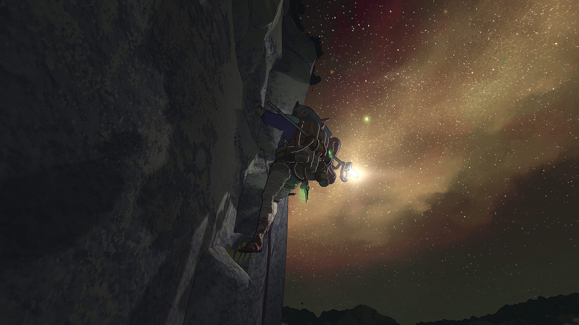 A gameplay screenshot, with the player character climbing with stars in the night sky shining above.