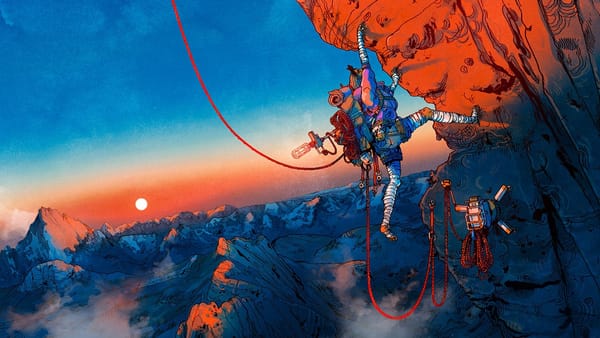 The key game art for Cairn, showing Aava climbing an overhang.